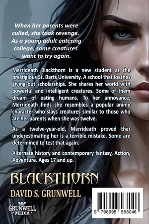 A closeup of dark haired young woman to where you see only half her face. She is the same image from the front of the book. She is wearing a black leather jacket. The title of the book and the authors name, David S. Grunwell are at the bottom of the back the cover. It has the text about the book at the left side.
