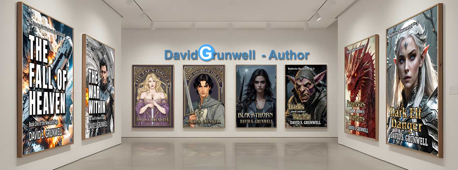 An upscale museum gallery with huge posters of David's novels on the walls. To the left is The Newcastle Saga science fiction series. Straight ahead is The Fae's Dagger and The Sword of the Fae fantasy novels. Next to that is the cover for Blackthorn, a contemporary fantasy novel. To the right is The Adventures of Ruferto Basaretti fantasy series.